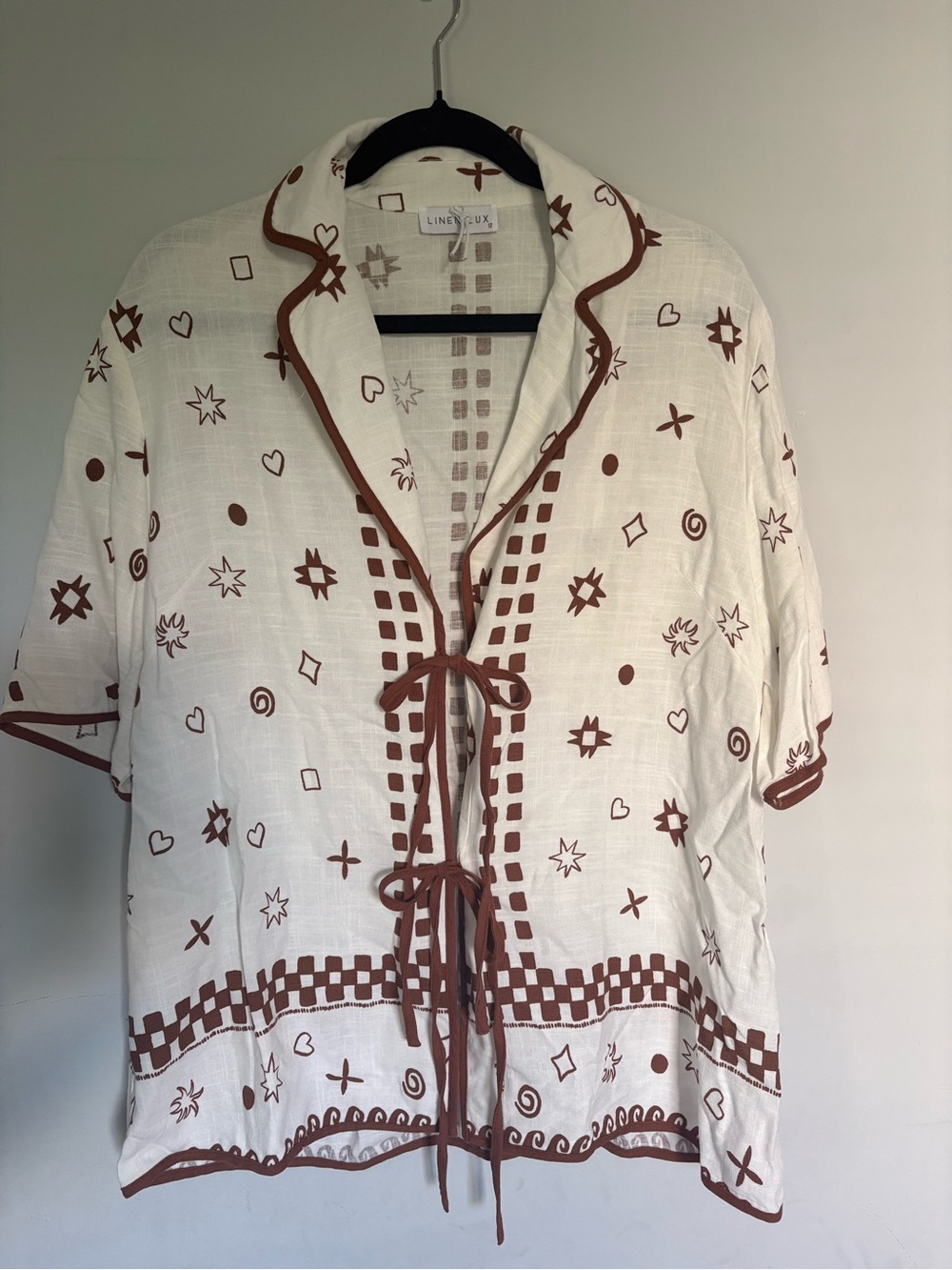 Linen Blend Tie-Front Blouse Southwestern Tribal Print White & Brown | Size 12